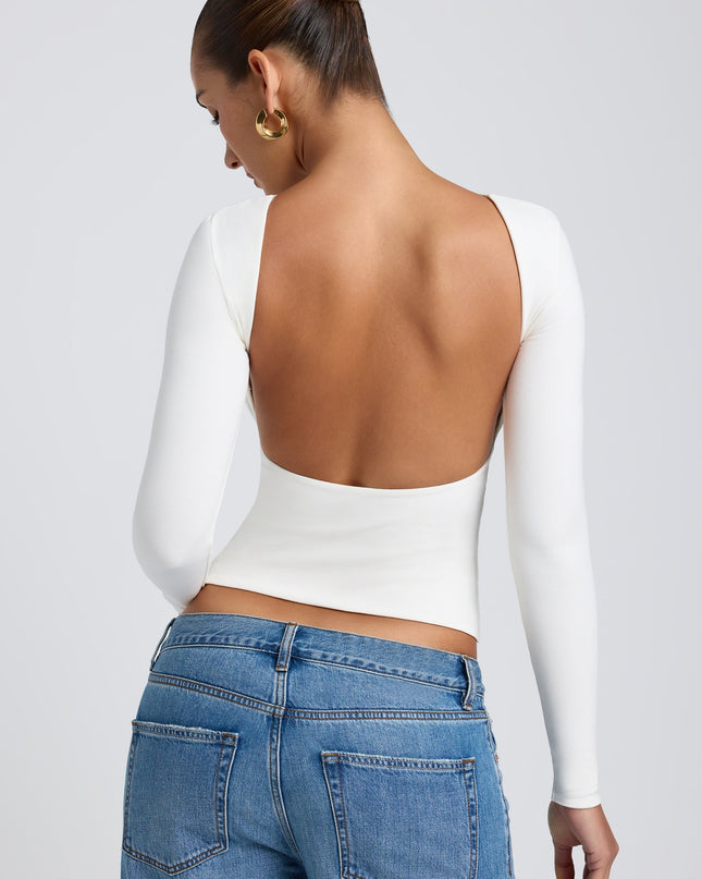 White Modal High Neck Long Sleeve Open Back Top