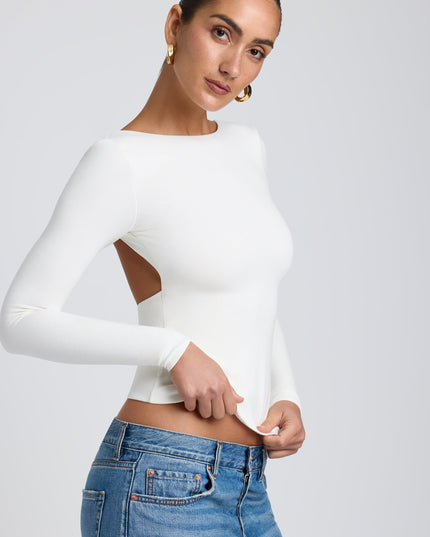 White Modal High Neck Long Sleeve Open Back Top