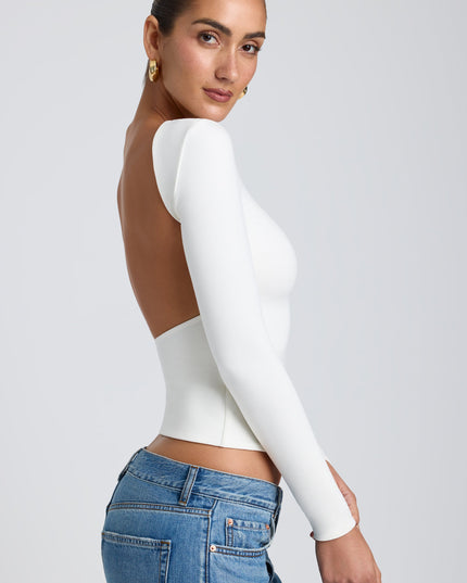 White Modal High Neck Long Sleeve Open Back Top