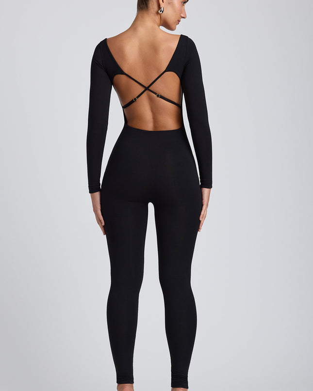 Black Modal Petite Scoop-Neck Cross-Back Jumpsuit