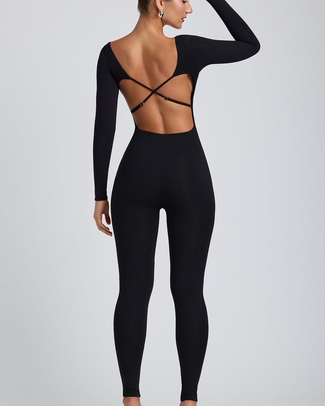 Black Modal Petite Scoop-Neck Cross-Back Jumpsuit