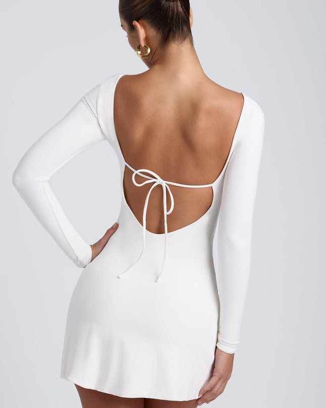 White Modal Square Neck Long Sleeve Mini Dress