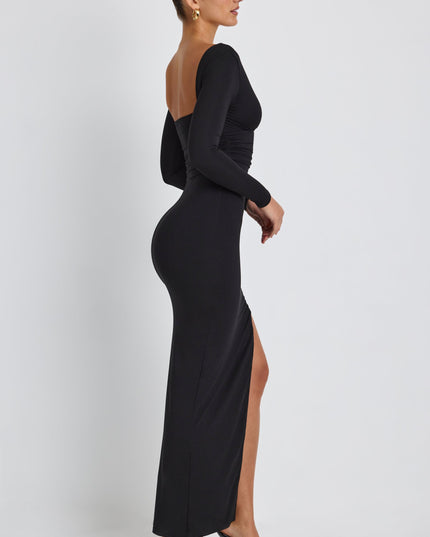 Black Modal Plunge Neck Long Sleeve Maxi Dress