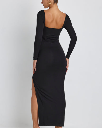 Black Modal Plunge Neck Long Sleeve Maxi Dress