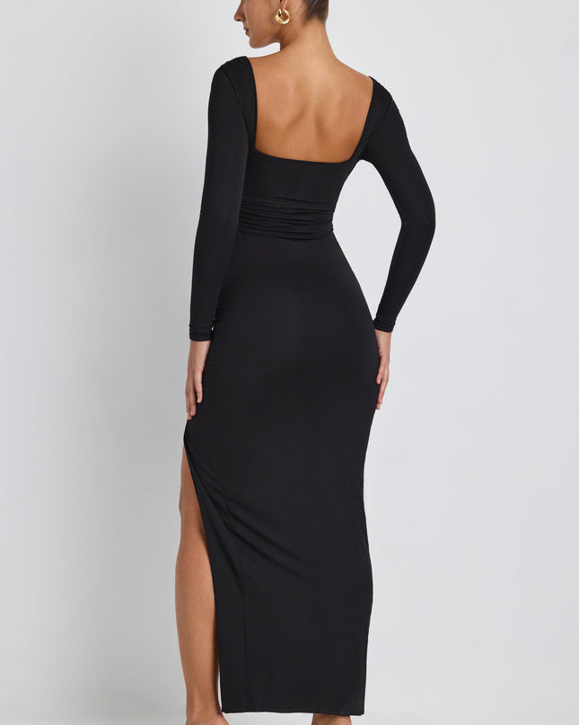 Black Modal Plunge Neck Long Sleeve Maxi Dress