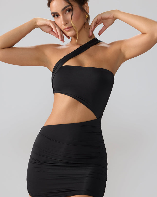 Black Slinky Jersey Ruched Cut Out Mini Dress