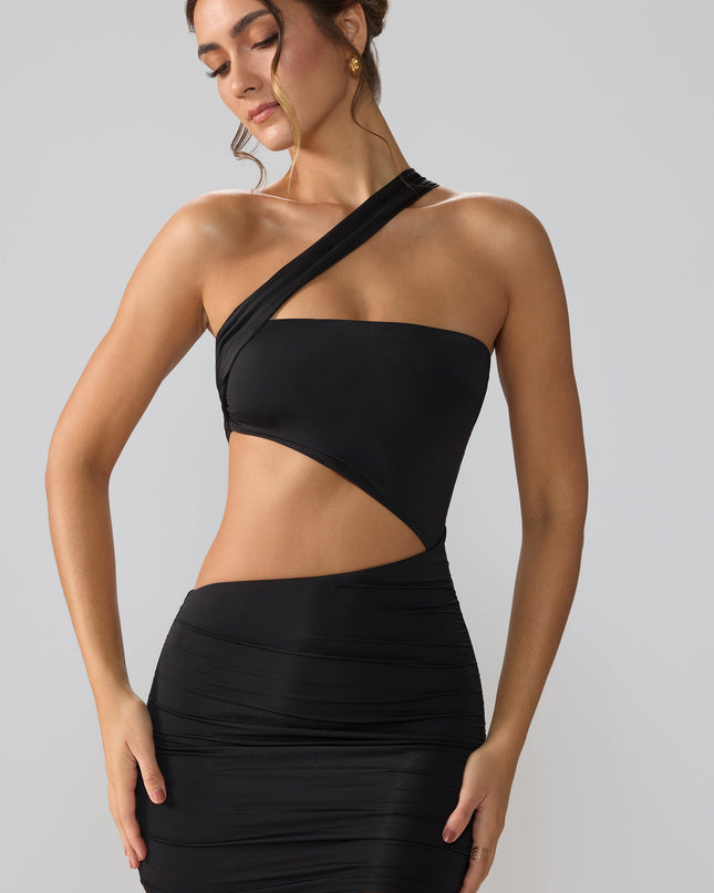 Black Slinky Jersey Ruched Cut Out Mini Dress