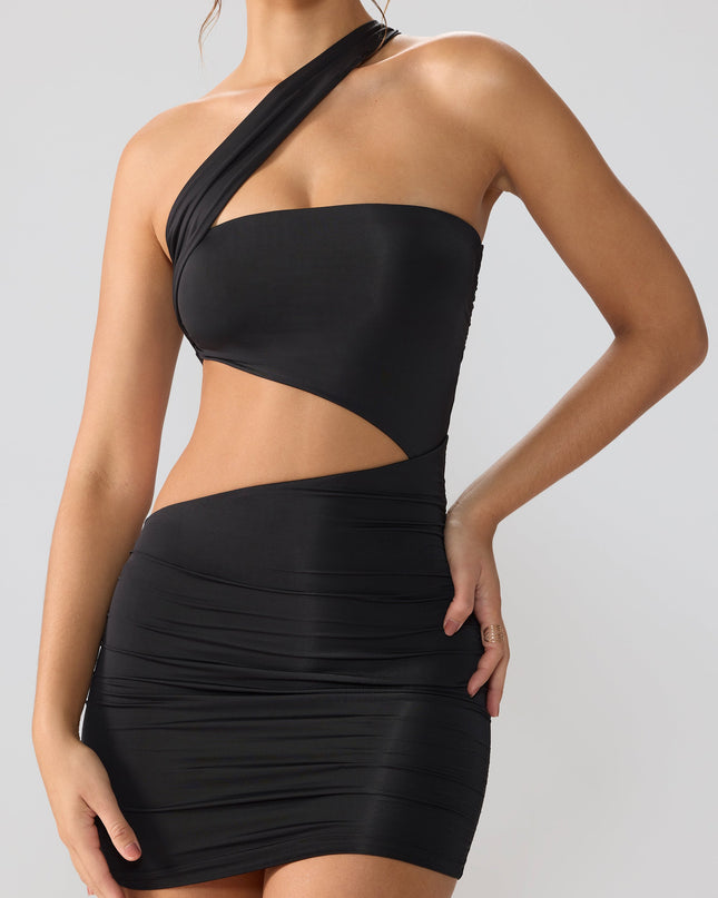 Black Slinky Jersey Ruched Cut Out Mini Dress