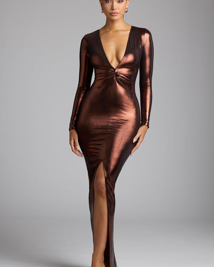 Copper Bronze Long Sleeve Metallic Jersey Evening Gown