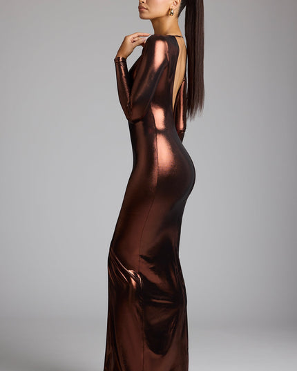 Copper Bronze Long Sleeve Metallic Jersey Evening Gown