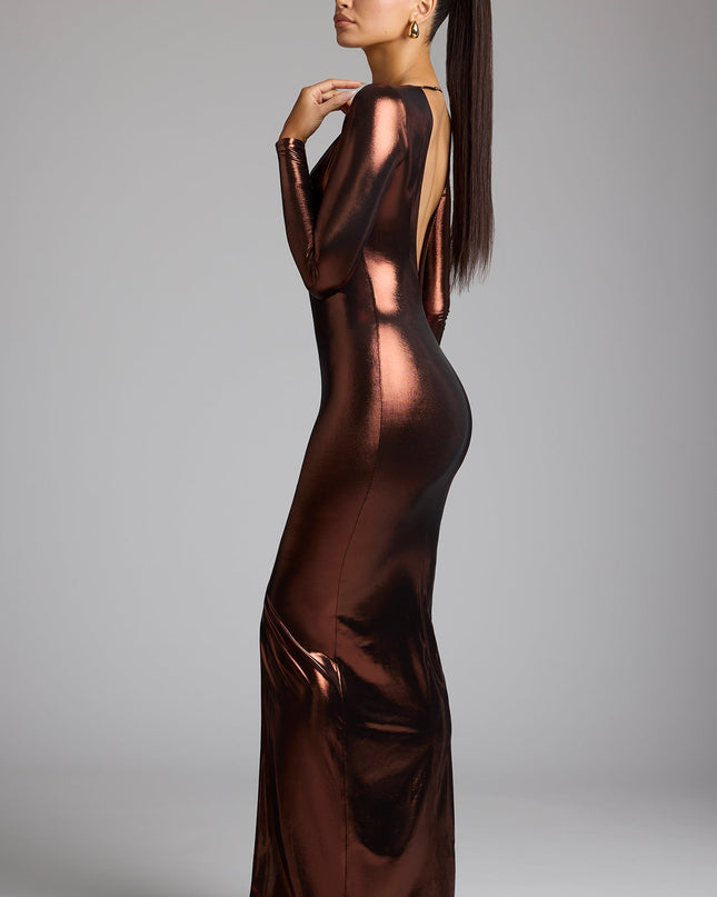 Copper Bronze Long Sleeve Metallic Jersey Evening Gown