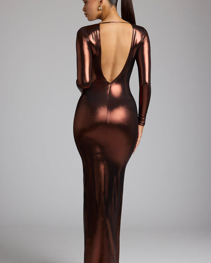 Copper Bronze Long Sleeve Metallic Jersey Evening Gown