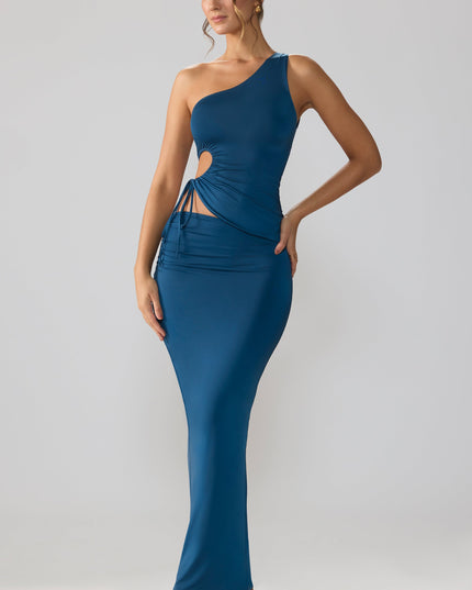 Midnight Blue Slinky Jersey Asymmetric Waist Maxi Skirt