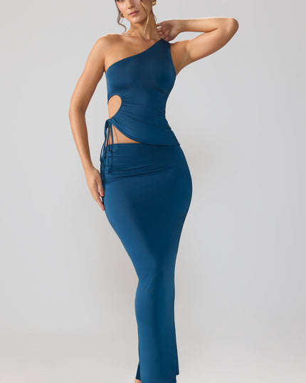 Midnight Blue Slinky Jersey Asymmetric Waist Maxi Skirt