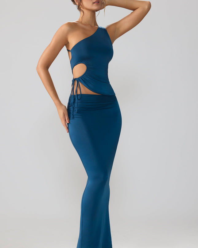 Midnight Blue Slinky Jersey Asymmetric Waist Maxi Skirt