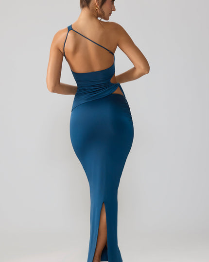 Midnight Blue Slinky Jersey Asymmetric Waist Maxi Skirt