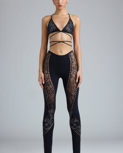 Black Embellished Mid-Rise Flared Trousers