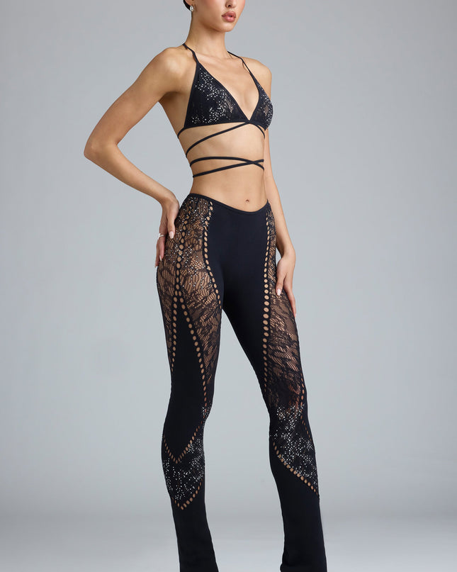 Black Embellished Mid-Rise Flared Trousers