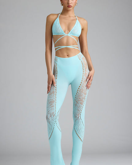 Ice Blue Embellished Mid-Rise Flared Trousers