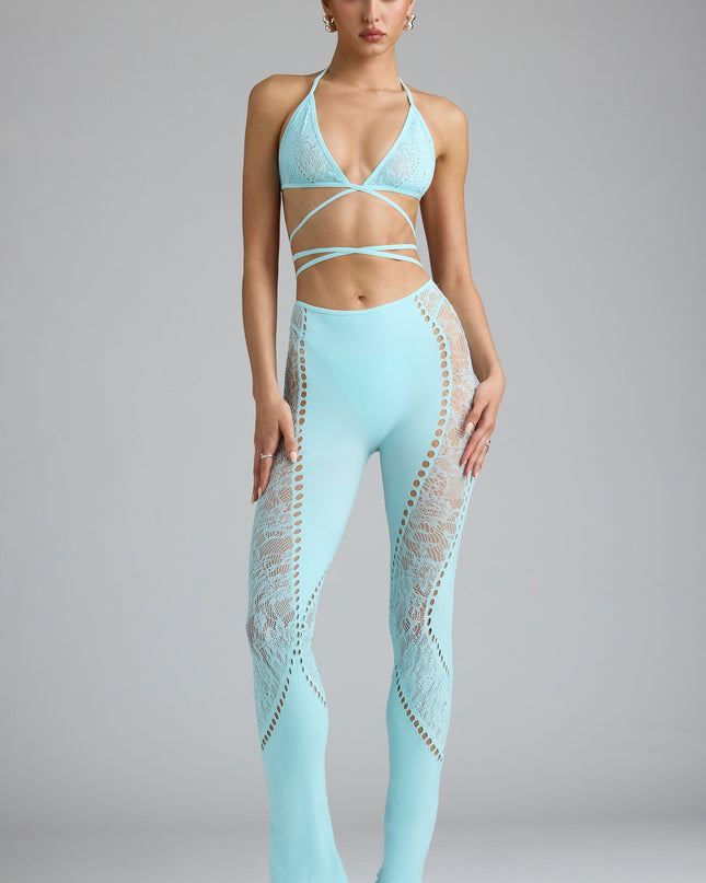 Ice Blue Embellished Mid-Rise Flared Trousers