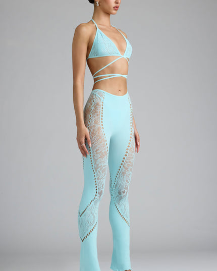 Ice Blue Embellished Mid-Rise Flared Trousers