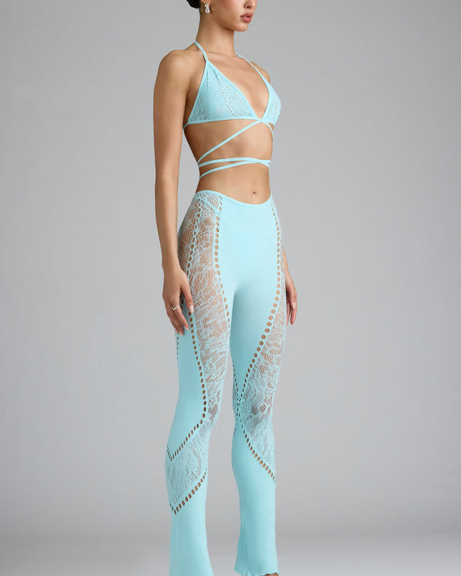 Ice Blue Embellished Mid-Rise Flared Trousers