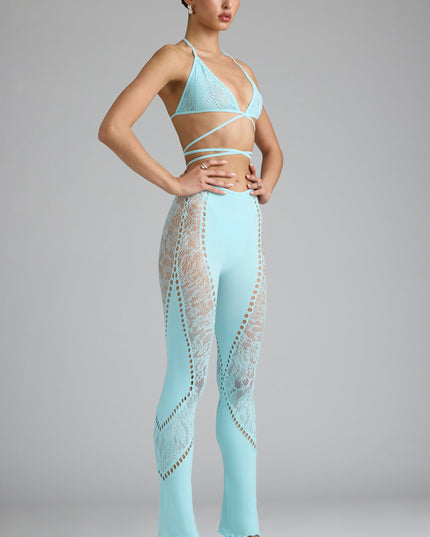Ice Blue Embellished Mid-Rise Flared Trousers