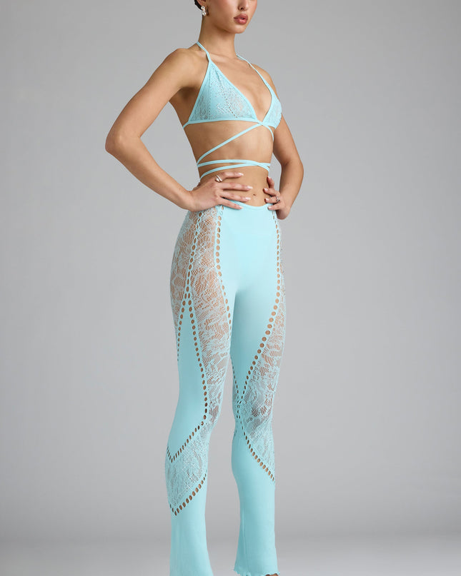 Ice Blue Embellished Mid-Rise Flared Trousers