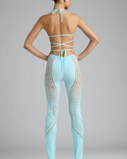 Ice Blue Embellished Mid-Rise Flared Trousers