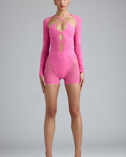 Bubblegum Pink Embellished Cut-Out Unitard