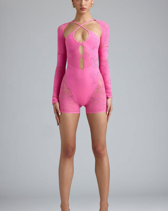 Bubblegum Pink Embellished Cut-Out Unitard