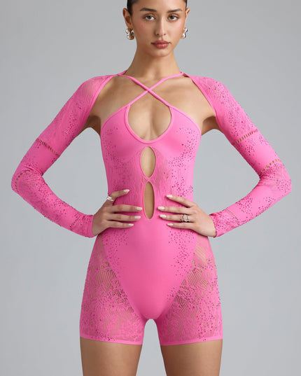 Bubblegum Pink Embellished Cut-Out Unitard
