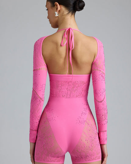 Bubblegum Pink Embellished Cut-Out Unitard