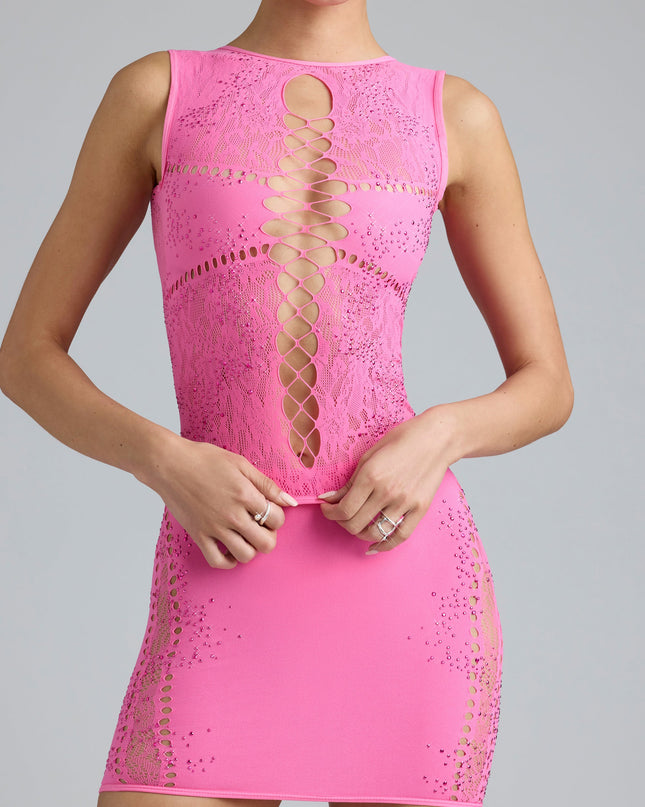 Bubblegum Pink Embellished Lace-Up High-Neck Top