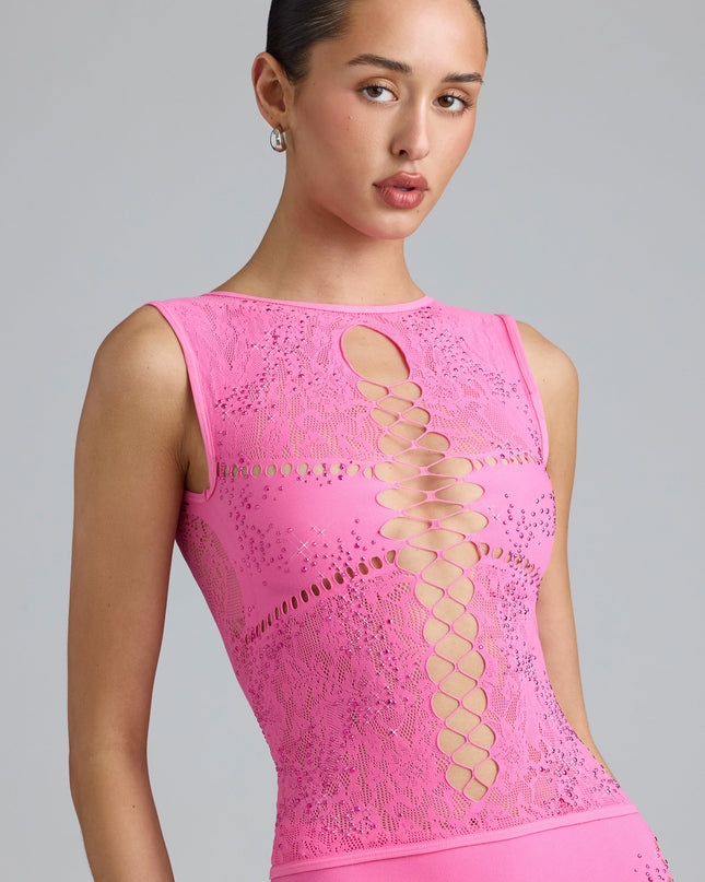 Bubblegum Pink Embellished Lace-Up High-Neck Top