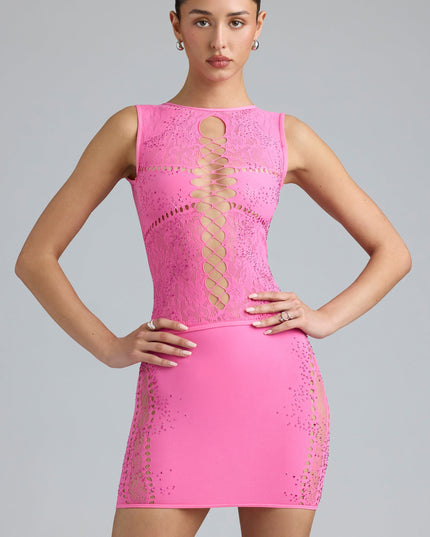 Bubblegum Pink Embellished Lace-Up High-Neck Top