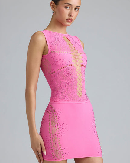 Bubblegum Pink Embellished Mid-Rise Mini Skirt