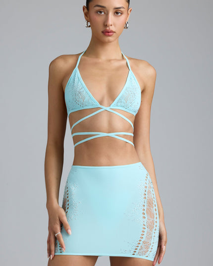 Ice Blue Embellished Mid-Rise Mini Skirt