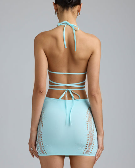 Ice Blue Embellished Mid-Rise Mini Skirt