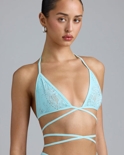 Ice Blue Embellished Cross-Strap Bikini Top