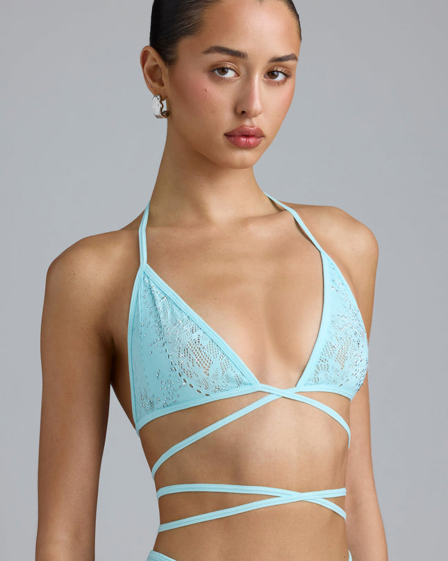 Ice Blue Embellished Cross-Strap Bikini Top