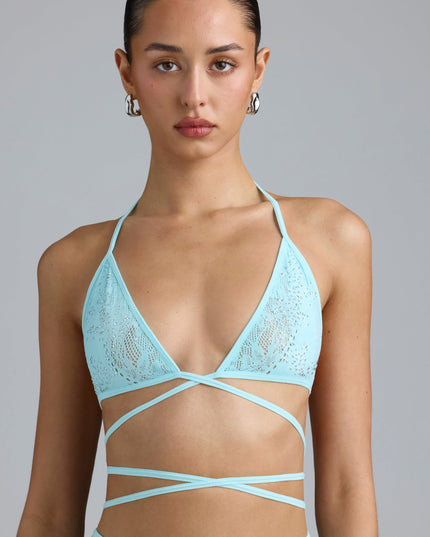 Ice Blue Embellished Cross-Strap Bikini Top
