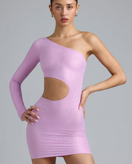 Violet Pink Metallic Cut-Out One-Shoulder Mini Dress