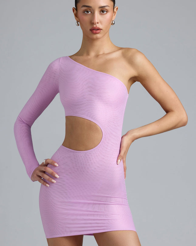 Violet Pink Metallic Cut-Out One-Shoulder Mini Dress