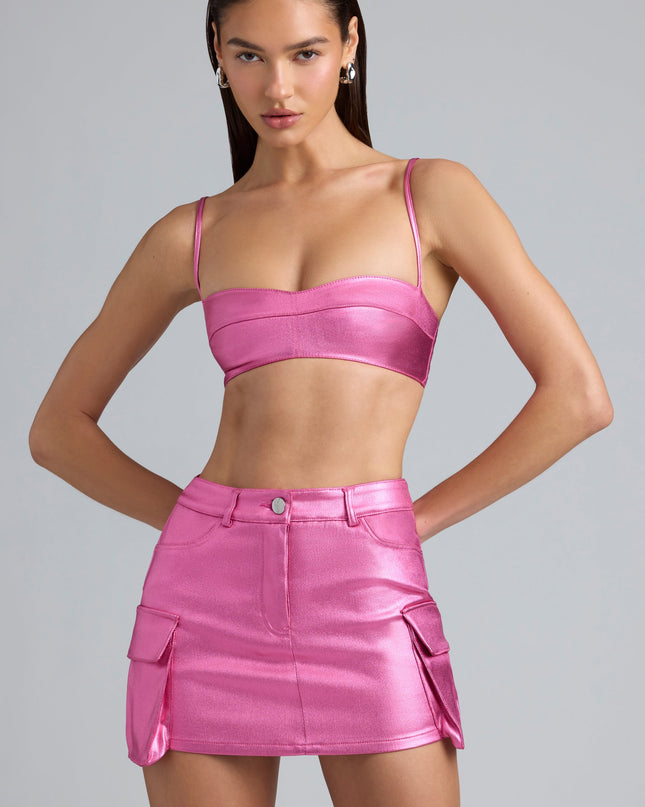 Deep Pink Metallic Denim Mid-Rise Cargo Mini Skirt