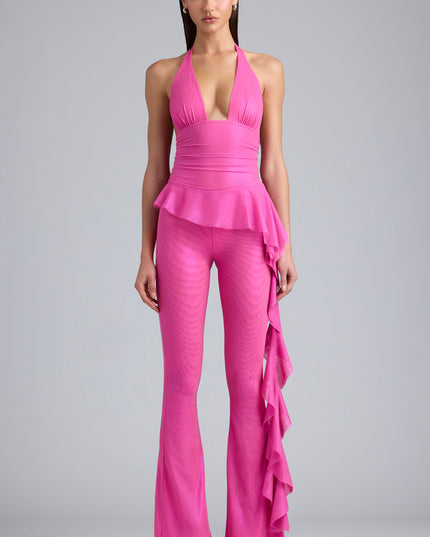 Bubblegum Pink Metallic Ruffle Low-Rise Flared Trousers