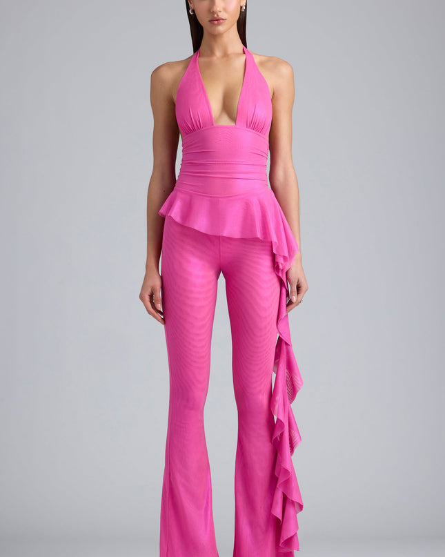 Bubblegum Pink Metallic Ruffle Low-Rise Flared Trousers