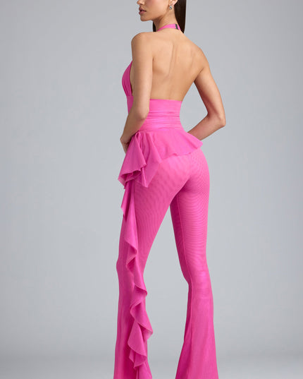 Bubblegum Pink Metallic Ruffle Low-Rise Flared Trousers