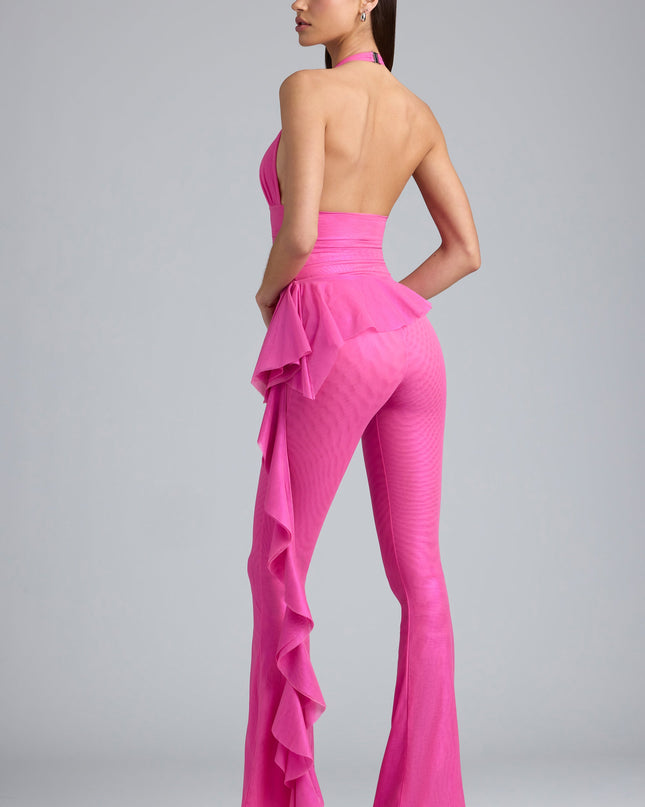 Bubblegum Pink Metallic Ruffle Low-Rise Flared Trousers