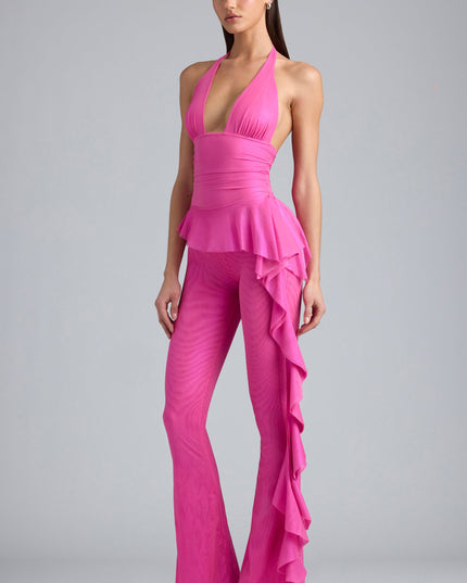 Bubblegum Pink Metallic Ruffle Low-Rise Flared Trousers